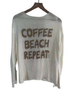 Cozy Cream Knit Sweater with 'Coffee Beach Repeat' Graphic